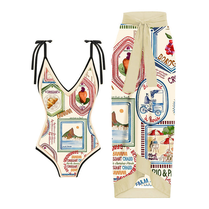 Multi-element puzzle print swimsuit