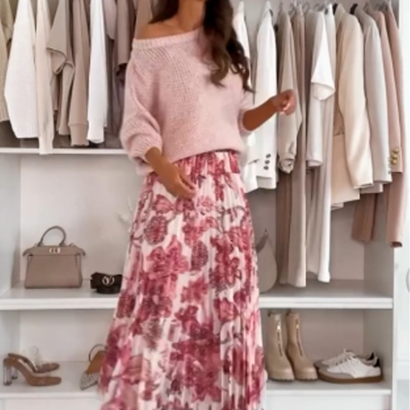 Andrea | Crew Neck Top &amp; Printed Belted Skirt Set