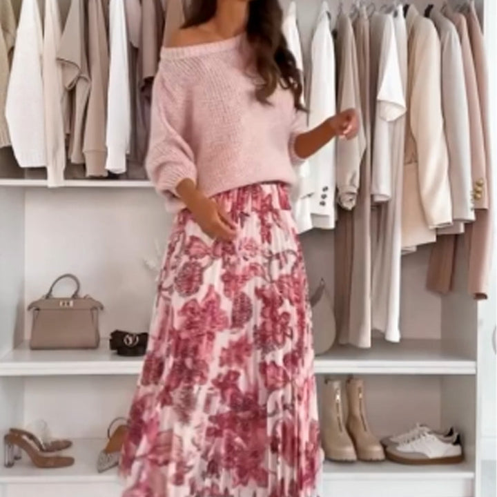 Andrea | Crew Neck Top &amp; Printed Belted Skirt Set